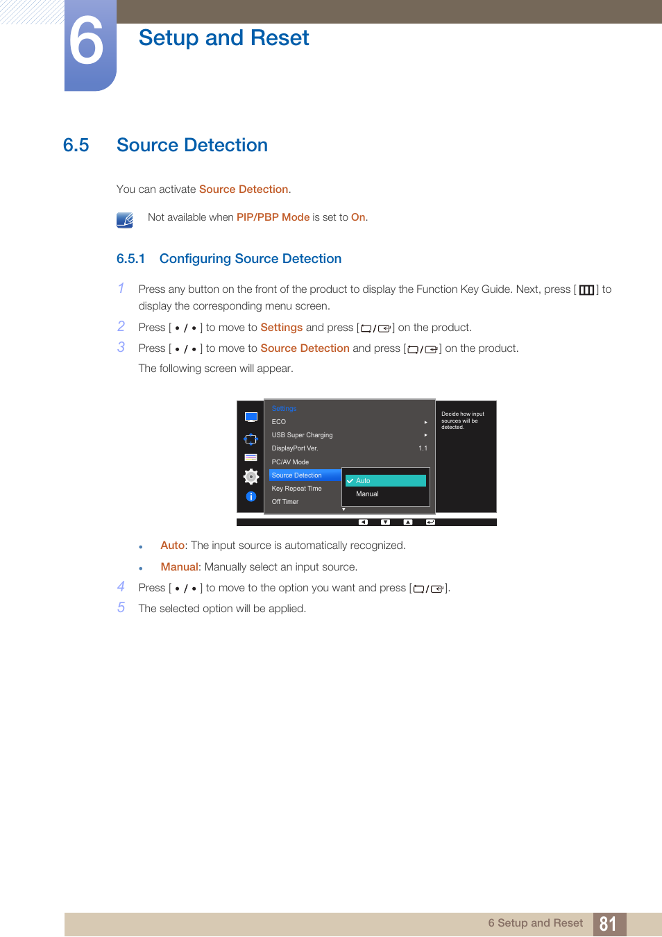 5 source detection, 1 configuring source detection, Source detection | Configuring source detection, Setup and reset | Samsung LS27D85KTSR-ZA User Manual | Page 81 / 110