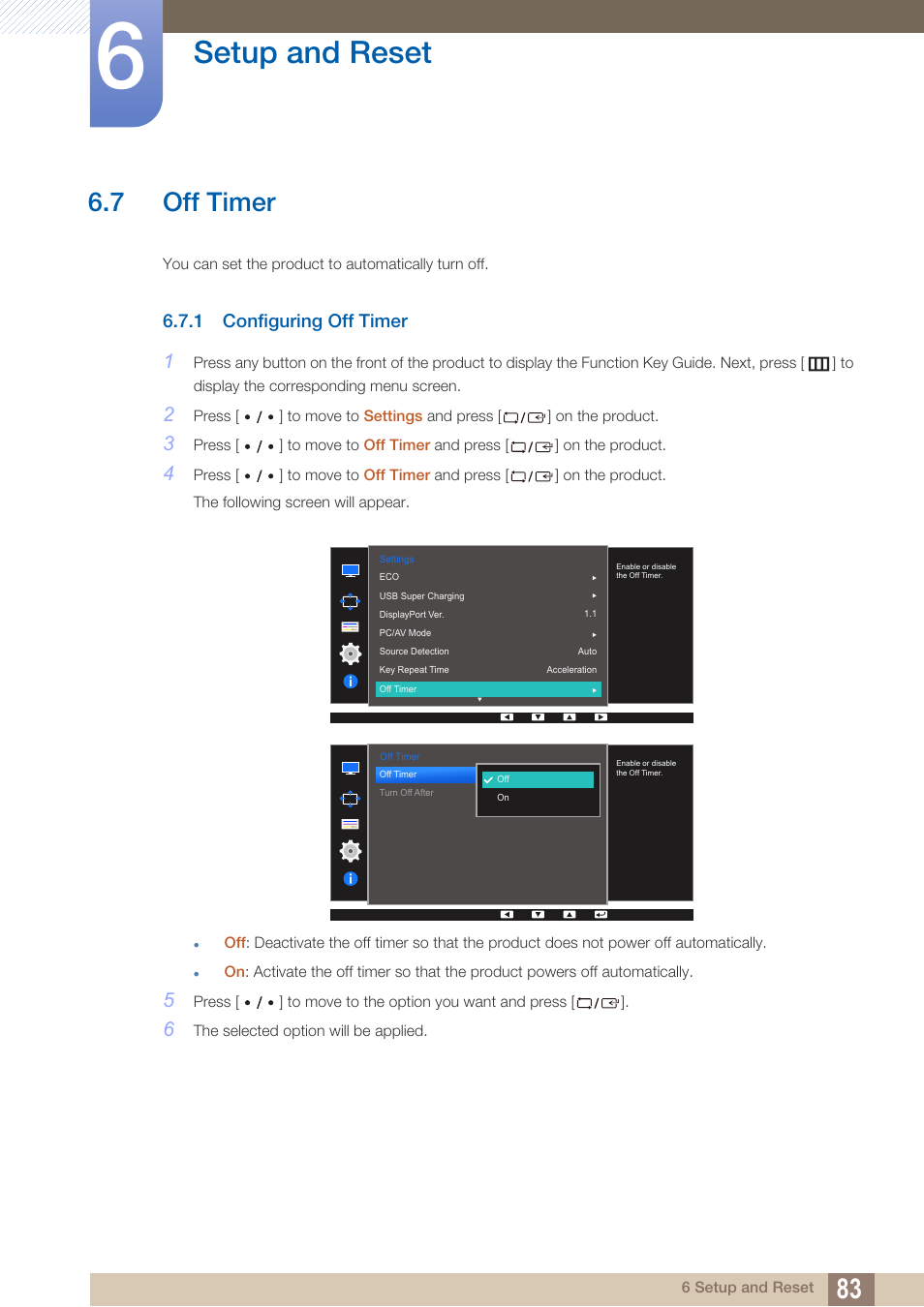 7 off timer, 1 configuring off timer, Off timer | Configuring off timer, Setup and reset | Samsung LS27D85KTSR-ZA User Manual | Page 83 / 110