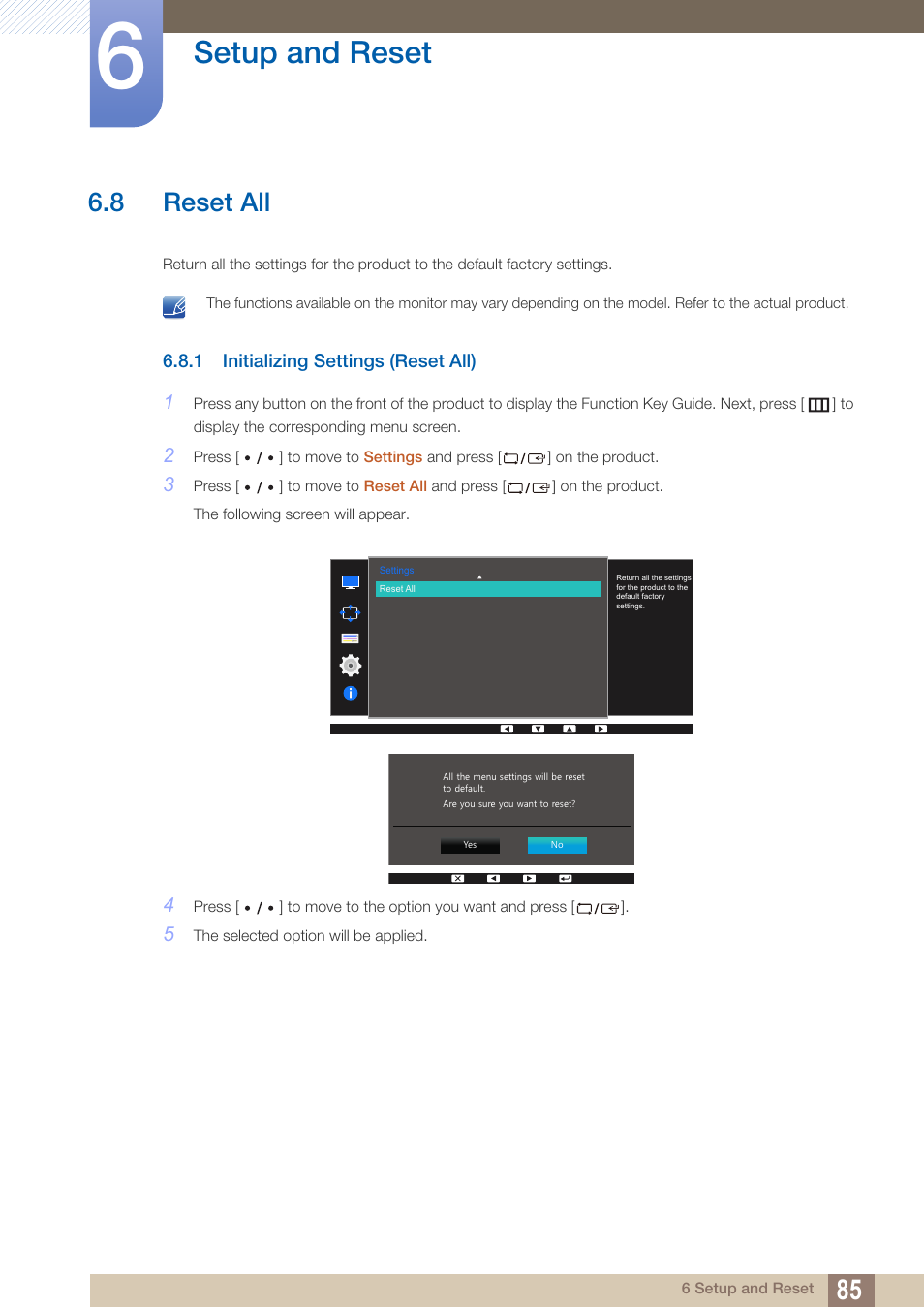 8 reset all, 1 initializing settings (reset all), Reset all | Initializing settings (reset all), Setup and reset | Samsung LS27D85KTSR-ZA User Manual | Page 85 / 110