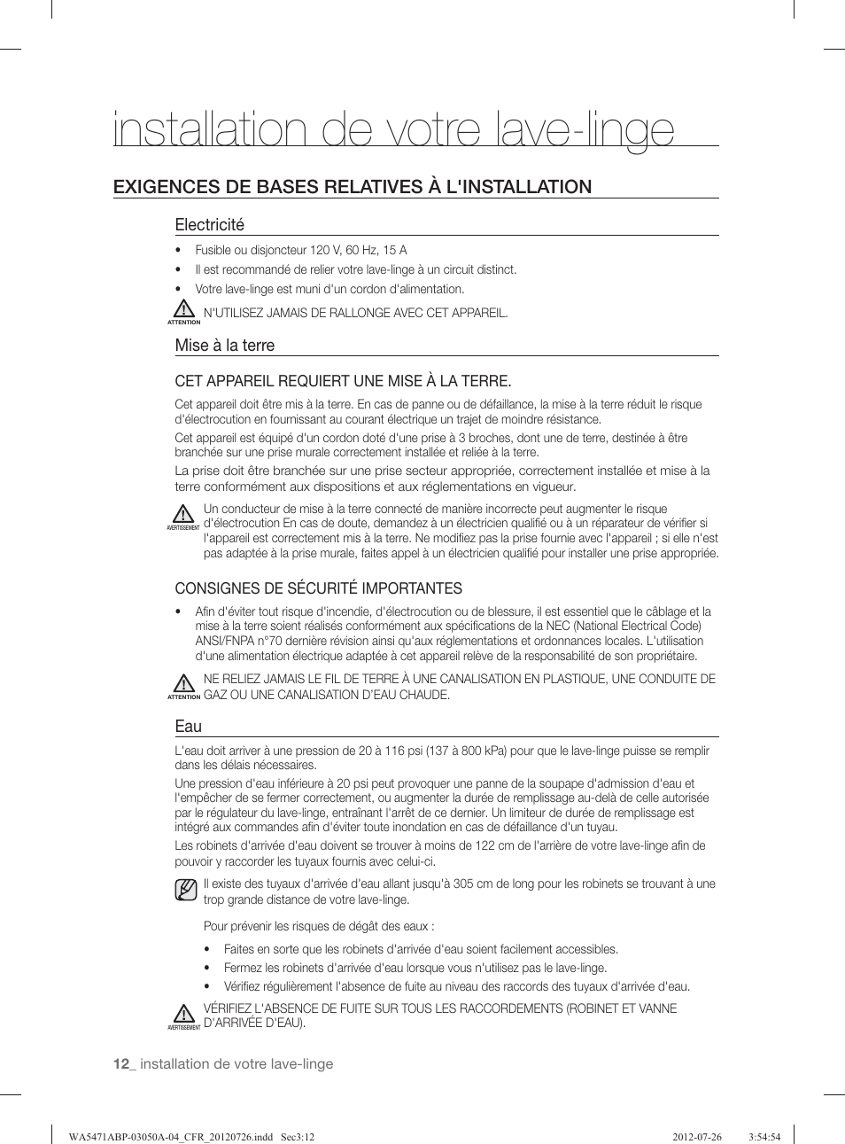 Installation de votre lave-linge, Exigences de bases relatives à l'installation, Electricité | Mise à la terre | Samsung WA5471ABW-XAA User Manual | Page 100 / 132
