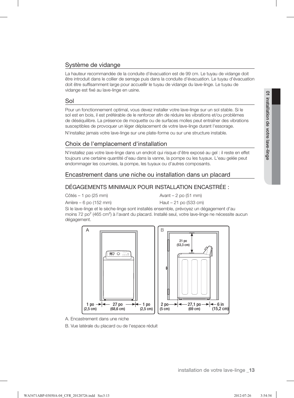 Système de vidange, Choix de l'emplacement d'installation | Samsung WA5471ABW-XAA User Manual | Page 101 / 132