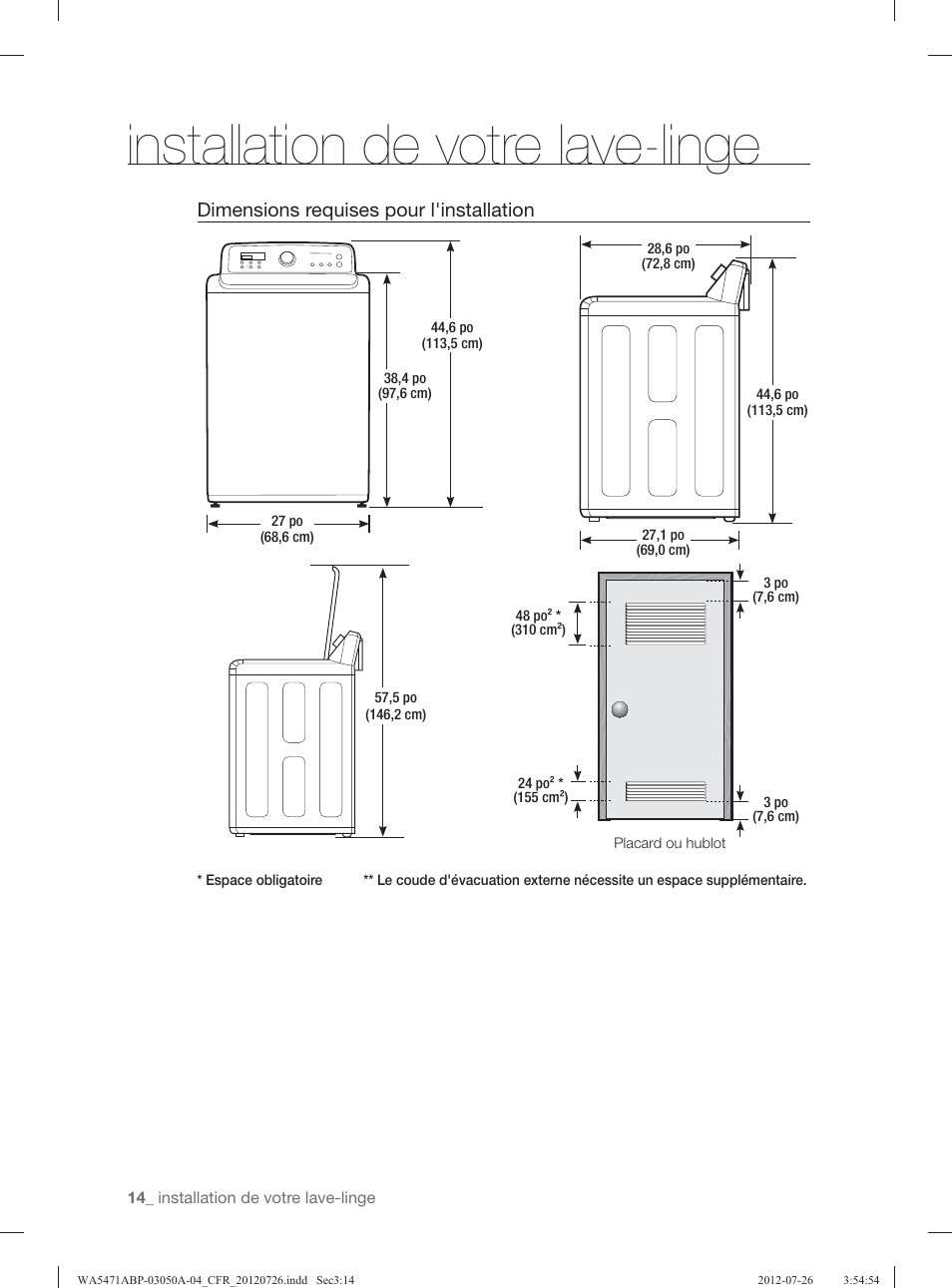 Installation de votre lave-linge, Dimensions requises pour l'installation | Samsung WA5471ABW-XAA User Manual | Page 102 / 132