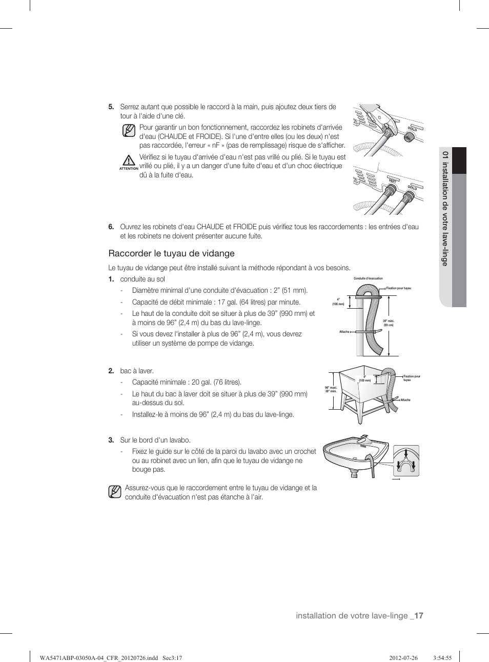 Raccorder le tuyau de vidange, Installation de votre lave-linge | Samsung WA5471ABW-XAA User Manual | Page 105 / 132