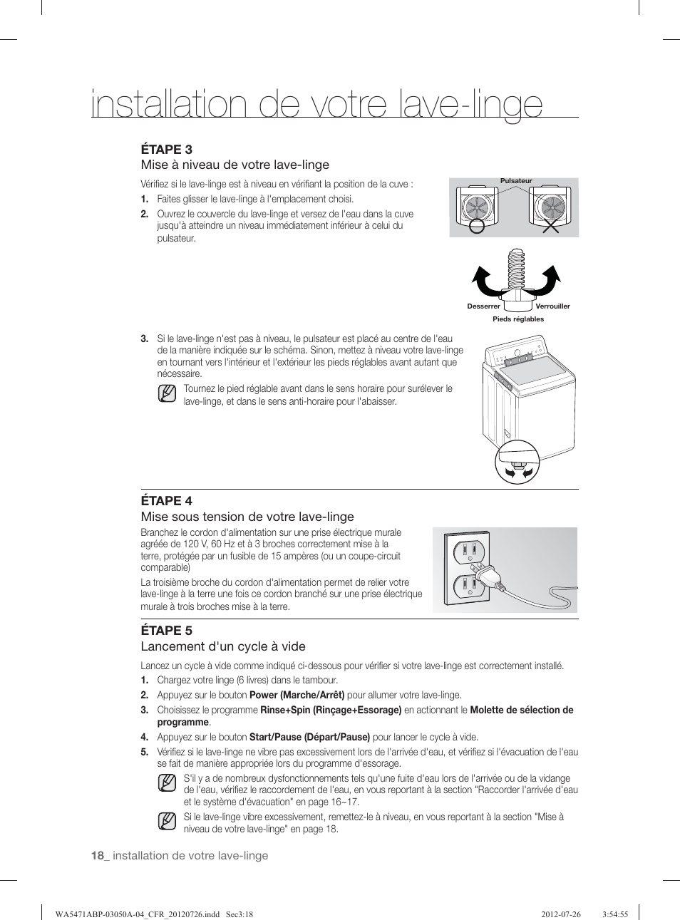 Installation de votre lave-linge | Samsung WA5471ABW-XAA User Manual | Page 106 / 132