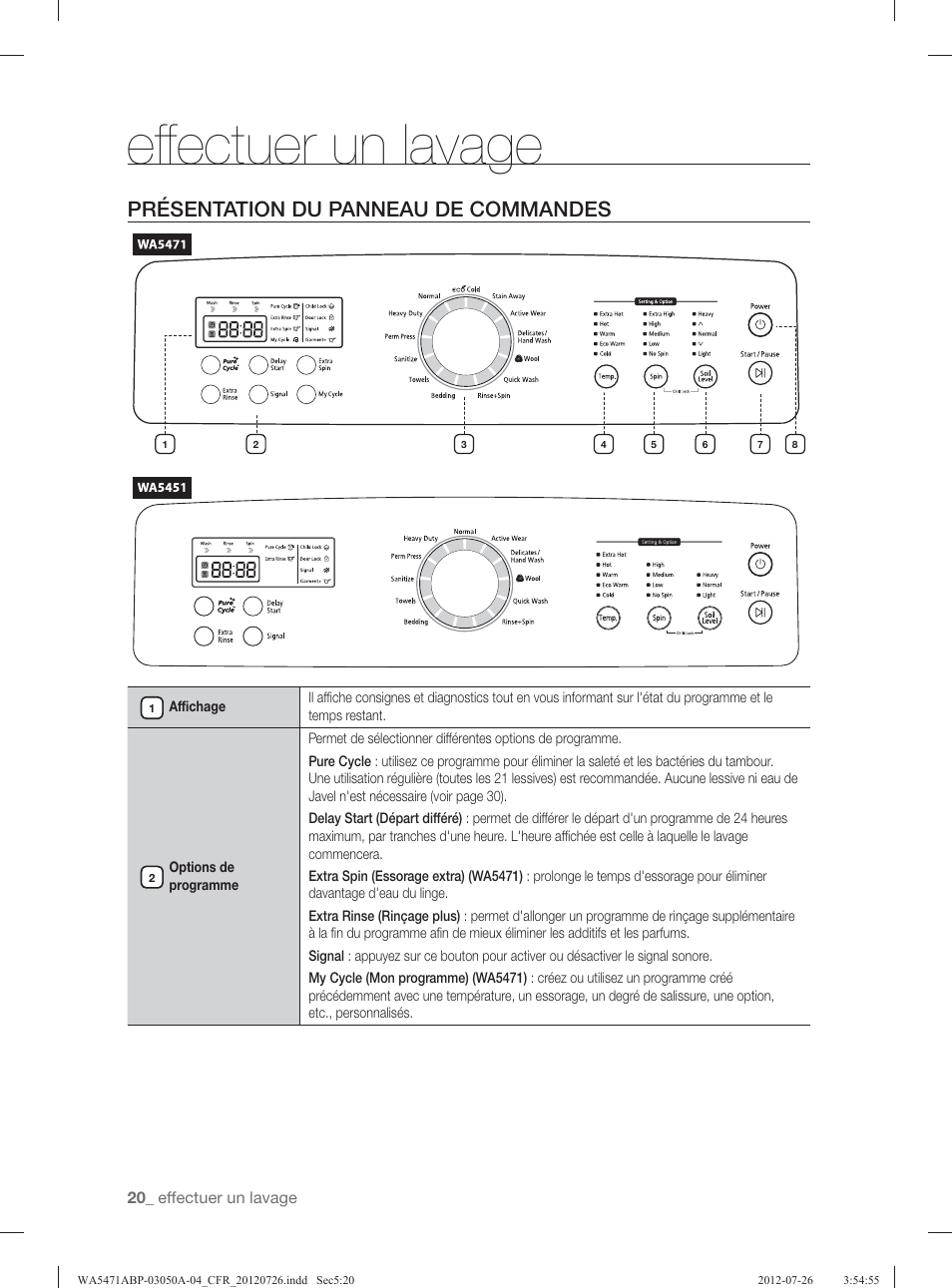 Eff ectuer un lavage, Présentation du panneau de commandes | Samsung WA5471ABW-XAA User Manual | Page 108 / 132