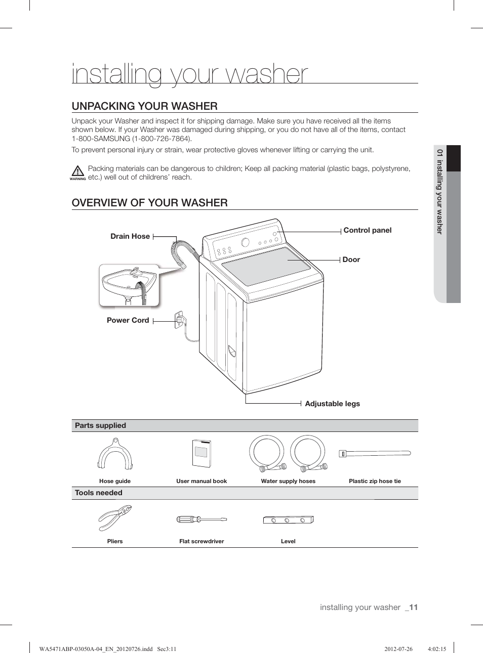 Installing your washer, Unpacking your washer, Overview of your washer | Samsung WA5471ABW-XAA User Manual | Page 11 / 132