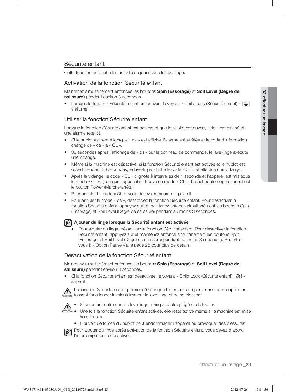 Sécurité enfant | Samsung WA5471ABW-XAA User Manual | Page 111 / 132