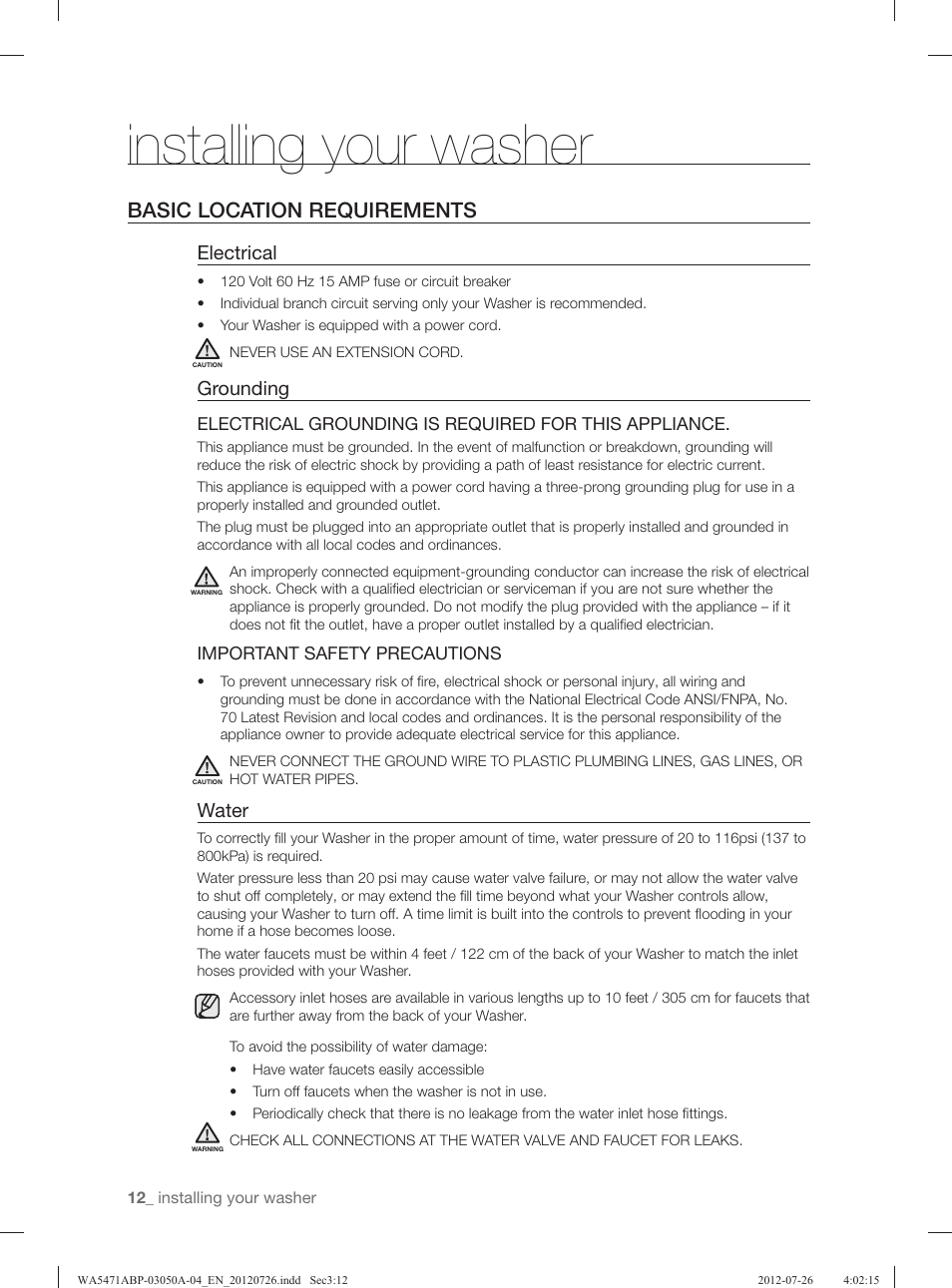 Installing your washer, Basic location requirements, Electrical | Grounding, Water | Samsung WA5471ABW-XAA User Manual | Page 12 / 132