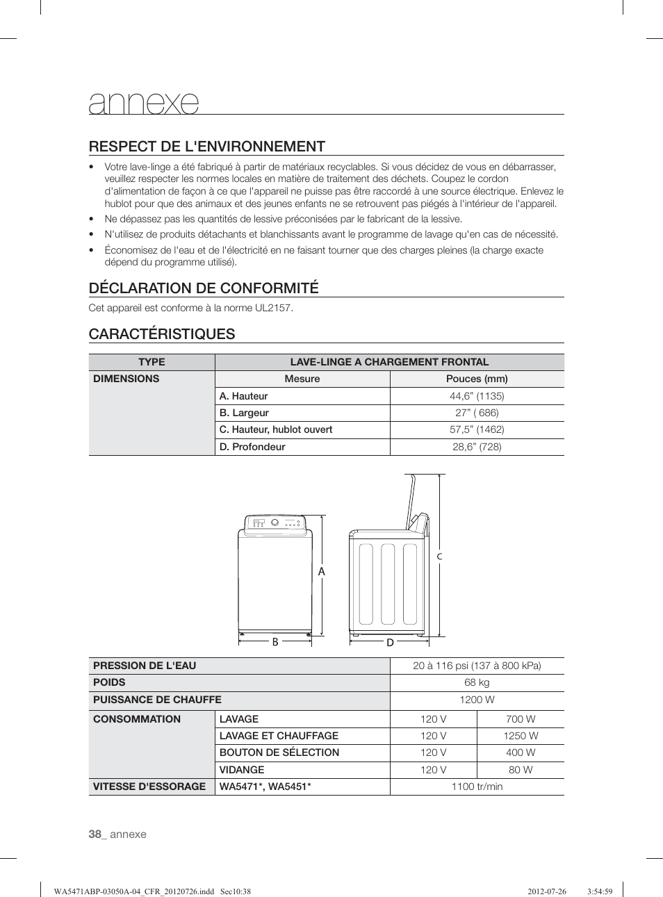 Annexe, Respect de l'environnement, Déclaration de conformité | Caractéristiques | Samsung WA5471ABW-XAA User Manual | Page 126 / 132