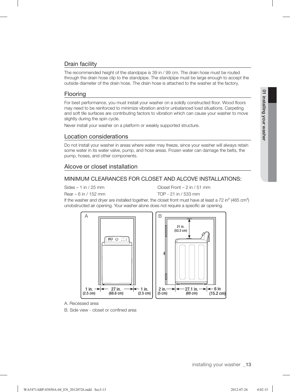 Drain facility, Flooring, Location considerations | Alcove or closet installation | Samsung WA5471ABW-XAA User Manual | Page 13 / 132