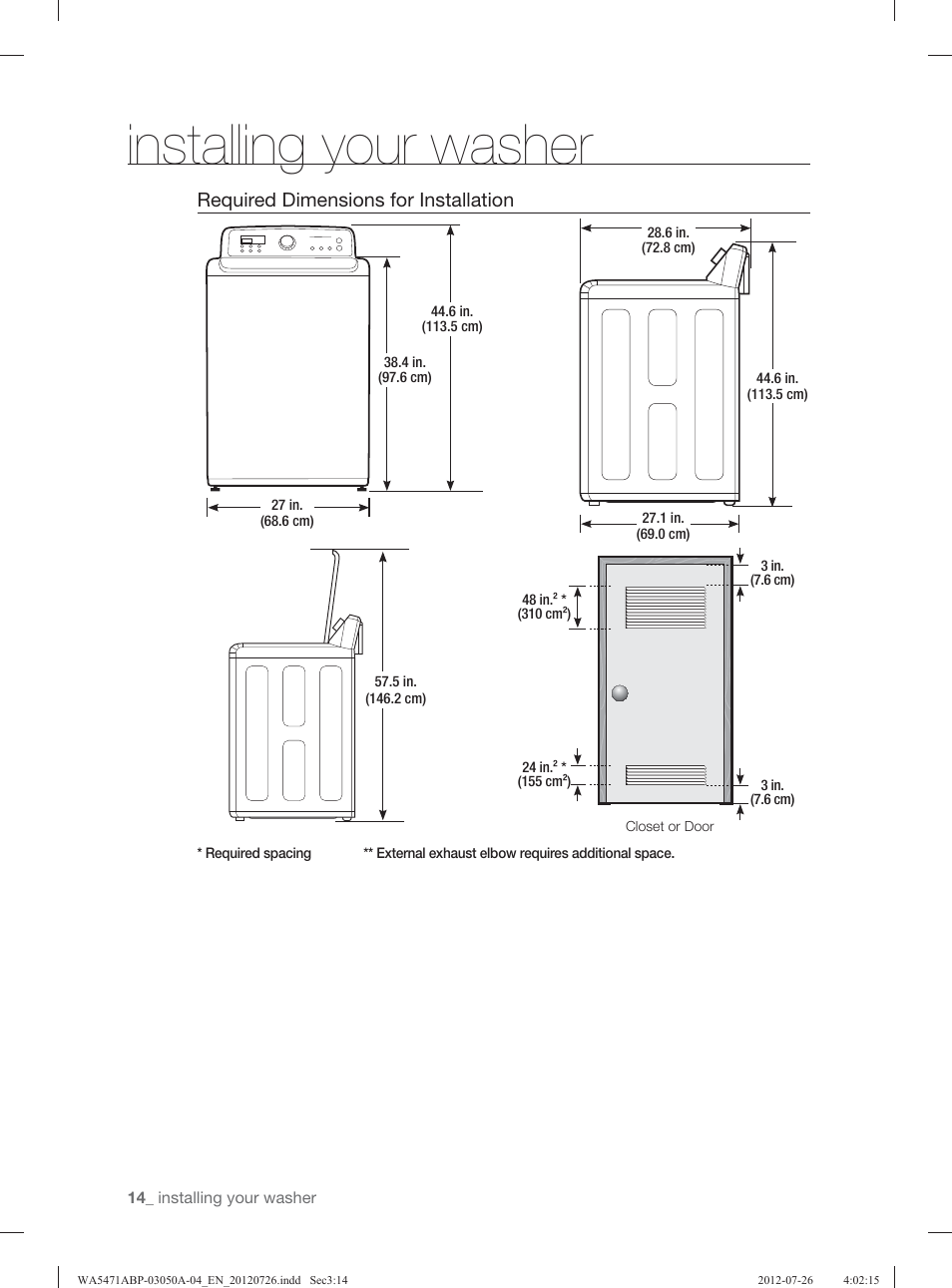 Installing your washer, Required dimensions for installation | Samsung WA5471ABW-XAA User Manual | Page 14 / 132