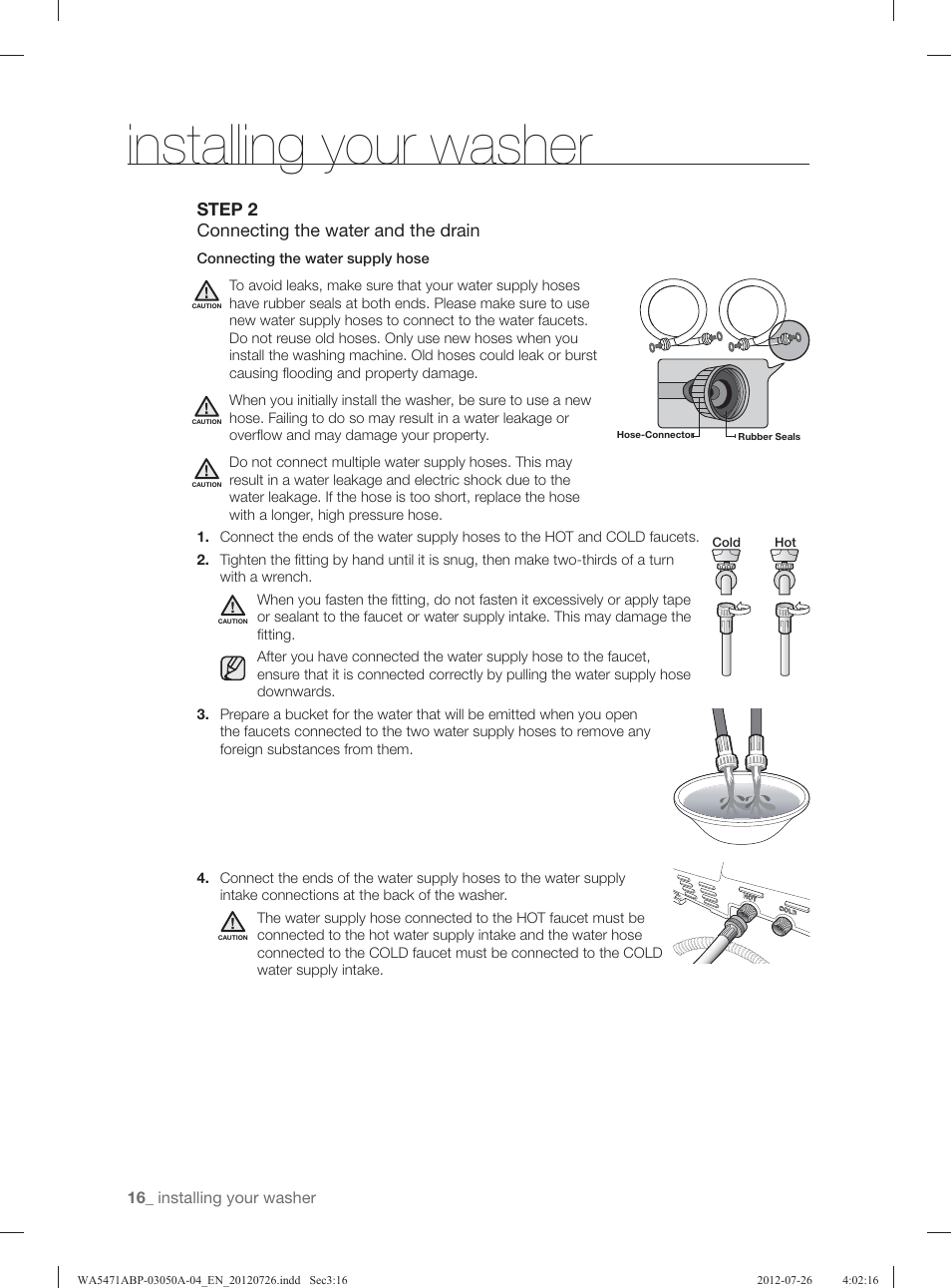 Installing your washer, Step 2 connecting the water and the drain | Samsung WA5471ABW-XAA User Manual | Page 16 / 132