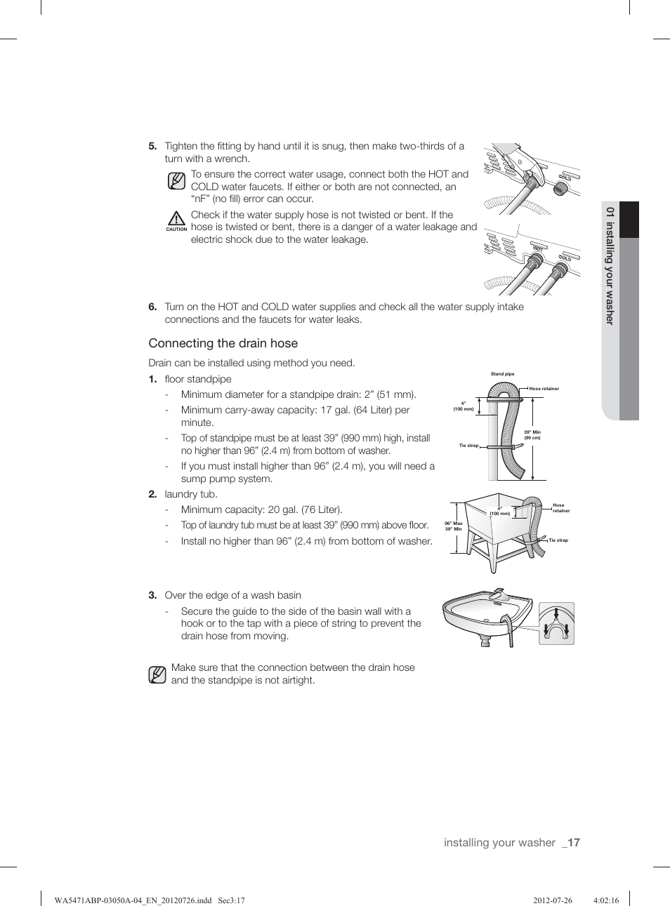 Connecting the drain hose, Installing your washer | Samsung WA5471ABW-XAA User Manual | Page 17 / 132