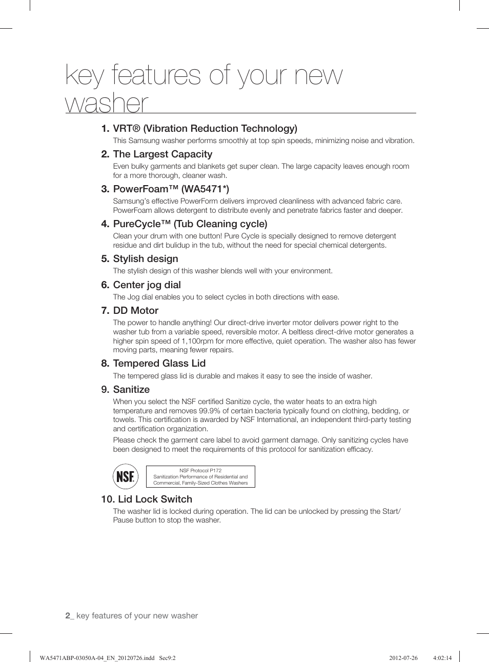 Key features of your new washer | Samsung WA5471ABW-XAA User Manual | Page 2 / 132