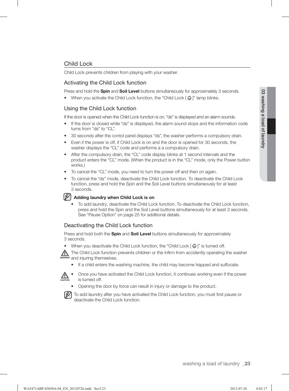 Child lock | Samsung WA5471ABW-XAA User Manual | Page 23 / 132