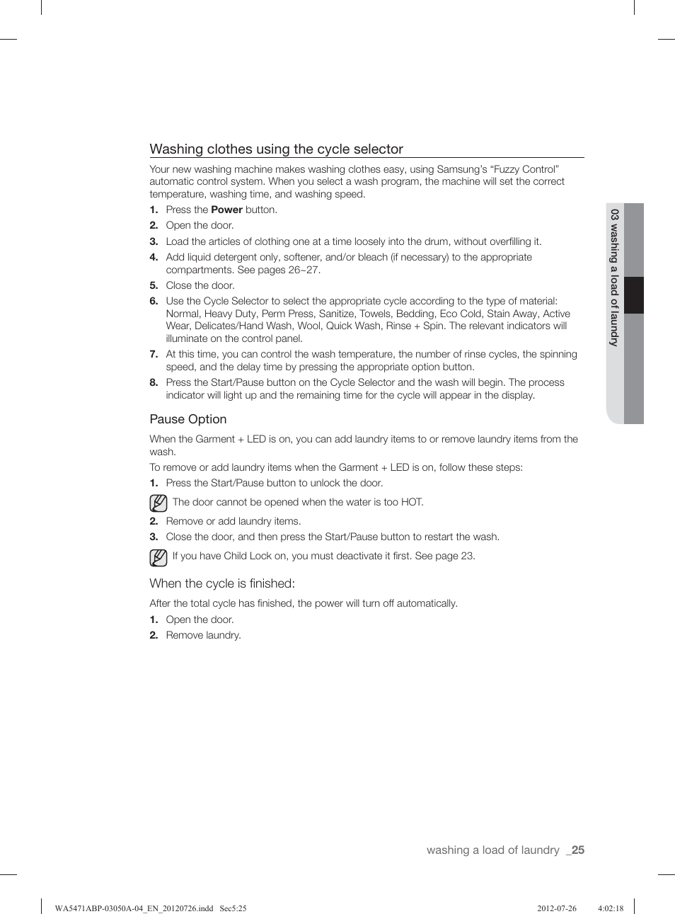 Washing clothes using the cycle selector | Samsung WA5471ABW-XAA User Manual | Page 25 / 132