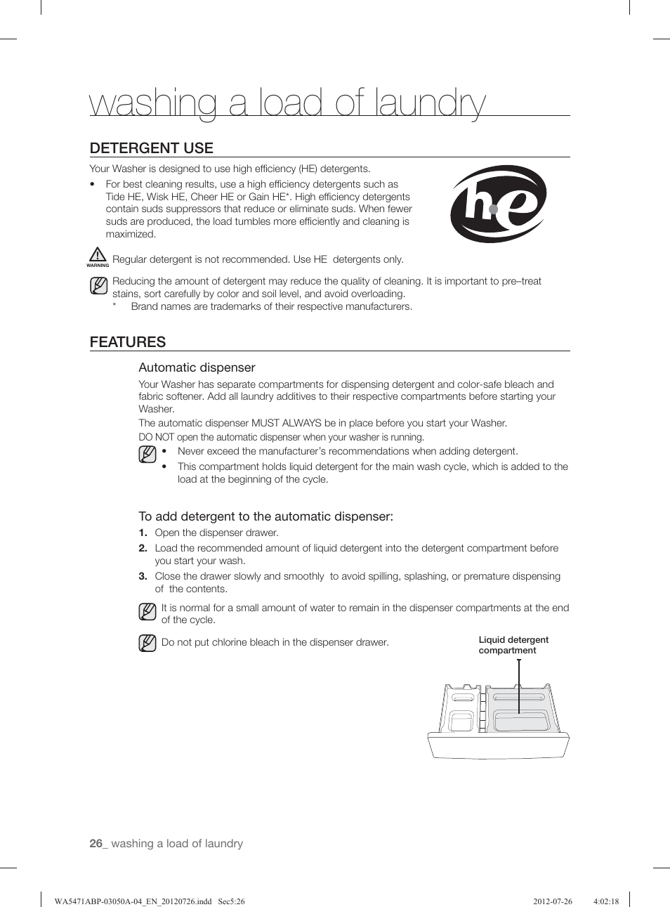 Washing a load of laundry, Detergent use, Features | Samsung WA5471ABW-XAA User Manual | Page 26 / 132