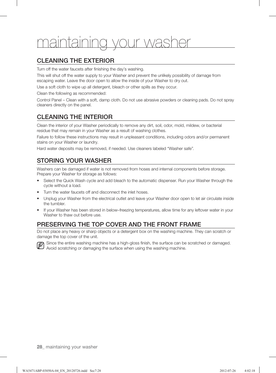 Maintaining your washer, Cleaning the exterior, Cleaning the interior | Storing your washer, Preserving the top cover and the front frame | Samsung WA5471ABW-XAA User Manual | Page 28 / 132