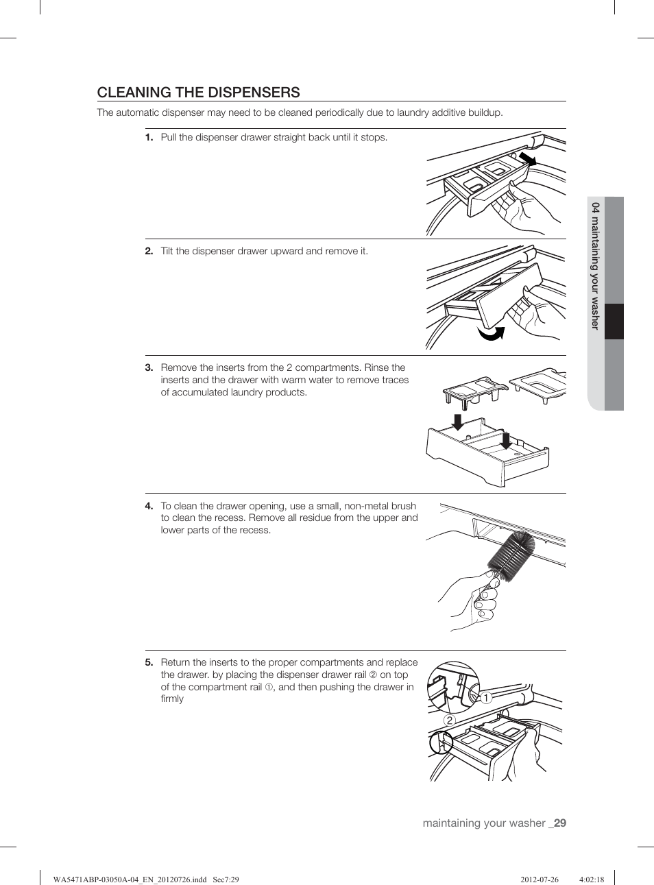 Cleaning the dispensers | Samsung WA5471ABW-XAA User Manual | Page 29 / 132