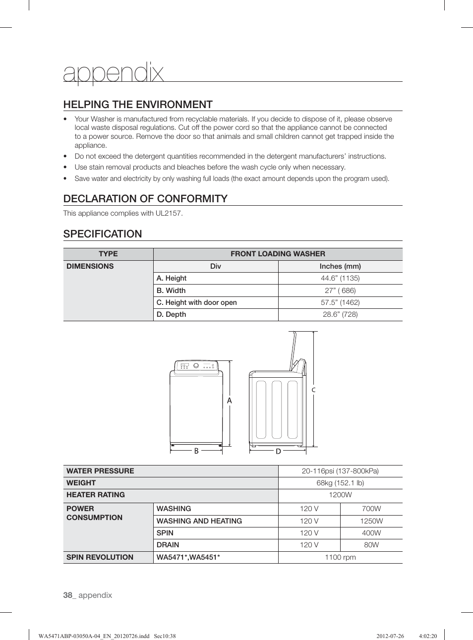 Appendix, Helping the environment, Declaration of conformity | Specification | Samsung WA5471ABW-XAA User Manual | Page 38 / 132