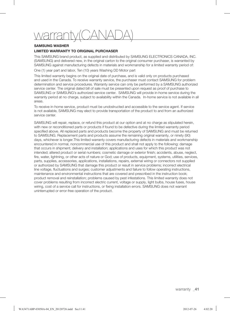 Warranty(canada) | Samsung WA5471ABW-XAA User Manual | Page 41 / 132