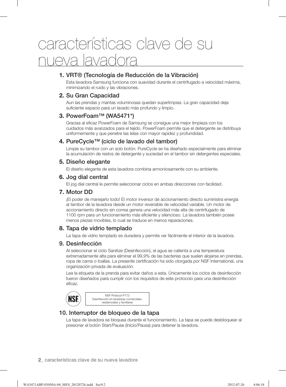 Características clave de su nueva lavadora | Samsung WA5471ABW-XAA User Manual | Page 46 / 132