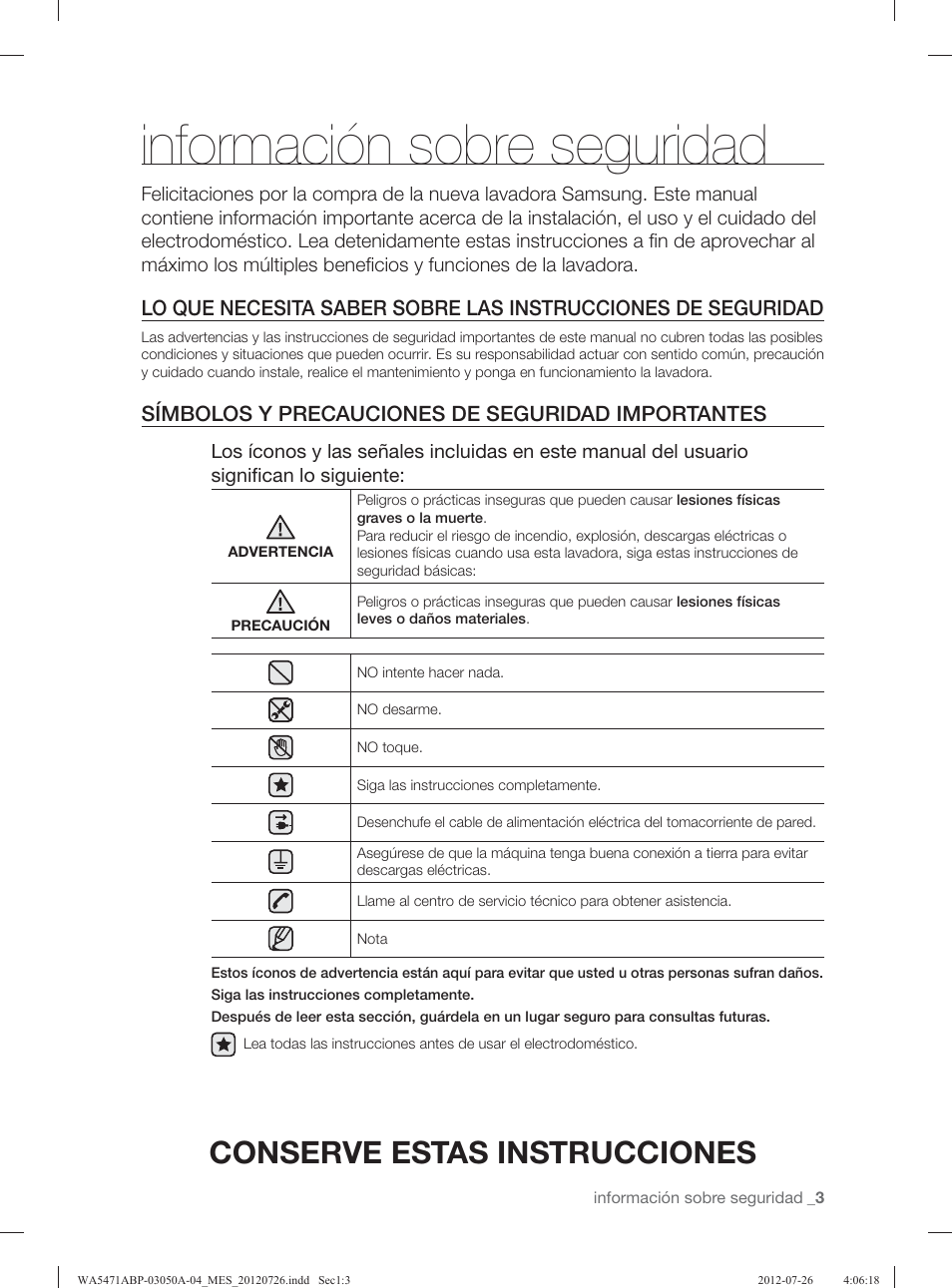 Información sobre seguridad, Conserve estas instrucciones, Símbolos y precauciones de seguridad importantes | Samsung WA5471ABW-XAA User Manual | Page 47 / 132