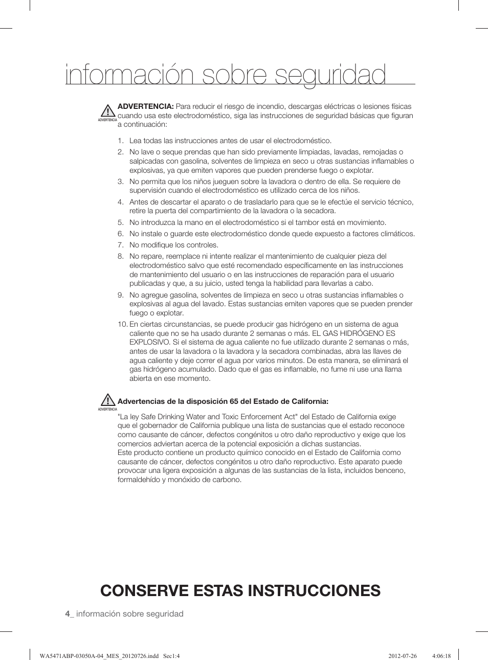 Información sobre seguridad, Conserve estas instrucciones | Samsung WA5471ABW-XAA User Manual | Page 48 / 132