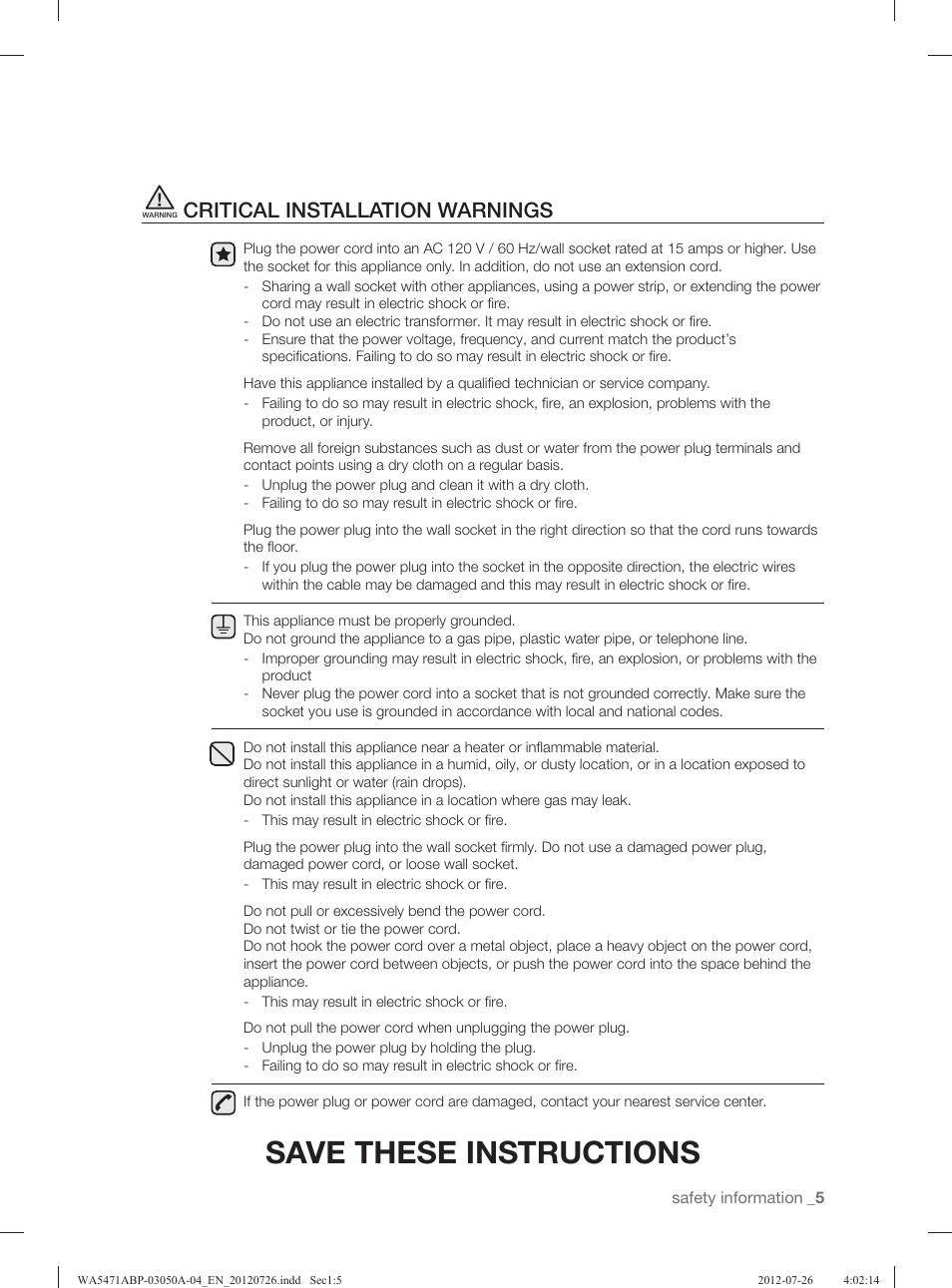 Save these instructions, Critical installation warnings | Samsung WA5471ABW-XAA User Manual | Page 5 / 132