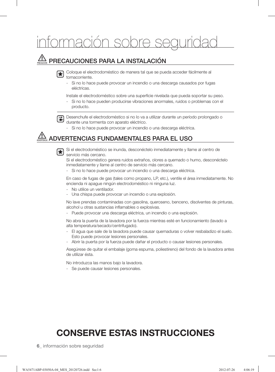 Información sobre seguridad, Conserve estas instrucciones, Precauciones para la instalación | Advertencias fundamentales para el uso | Samsung WA5471ABW-XAA User Manual | Page 50 / 132