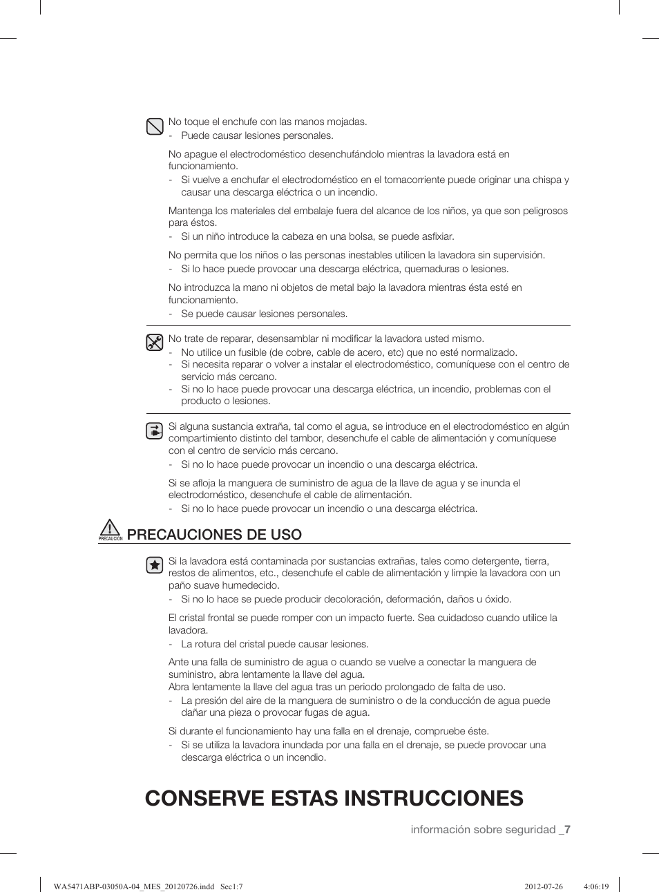 Conserve estas instrucciones, Precauciones de uso | Samsung WA5471ABW-XAA User Manual | Page 51 / 132