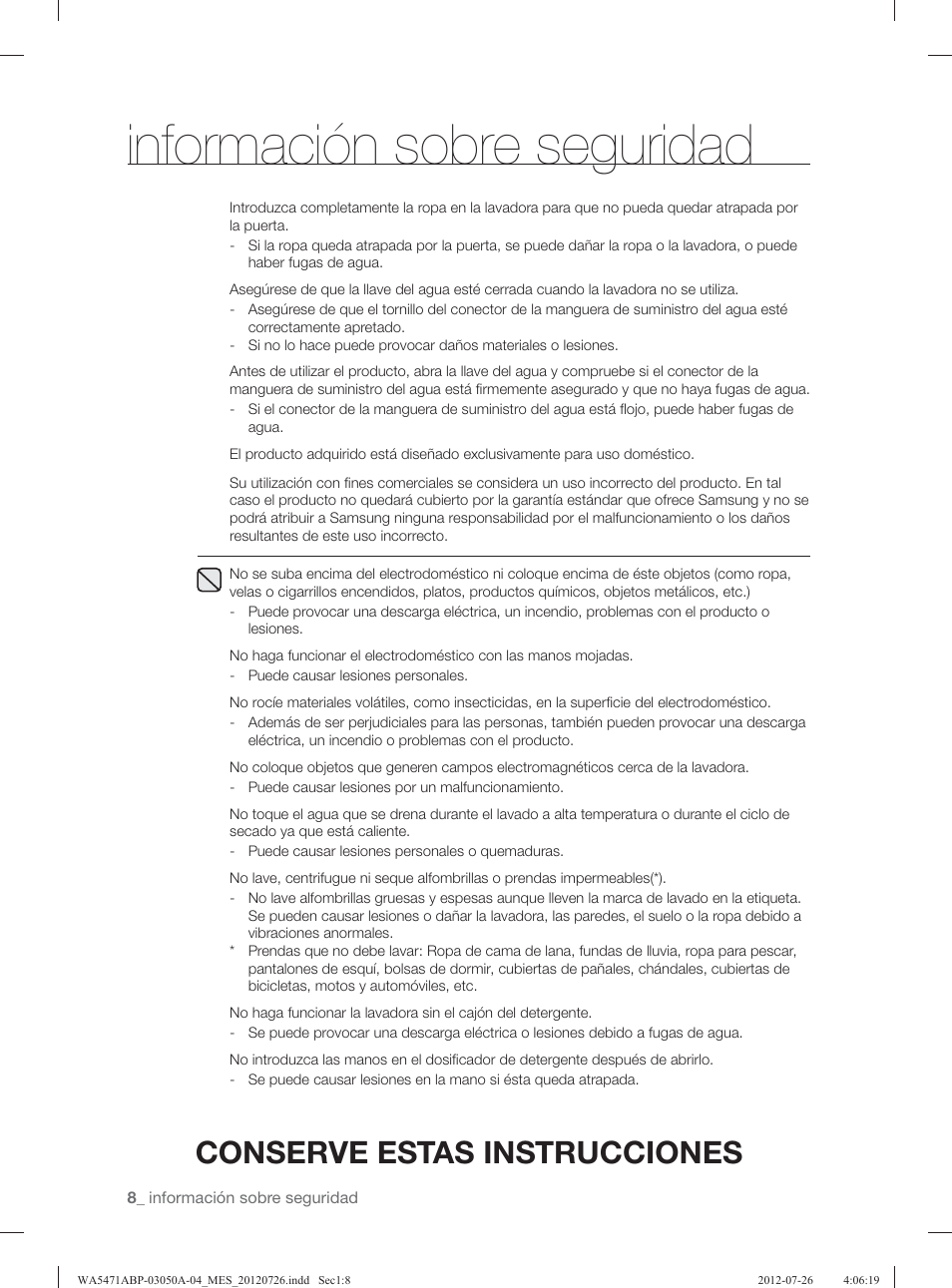 Información sobre seguridad, Conserve estas instrucciones | Samsung WA5471ABW-XAA User Manual | Page 52 / 132