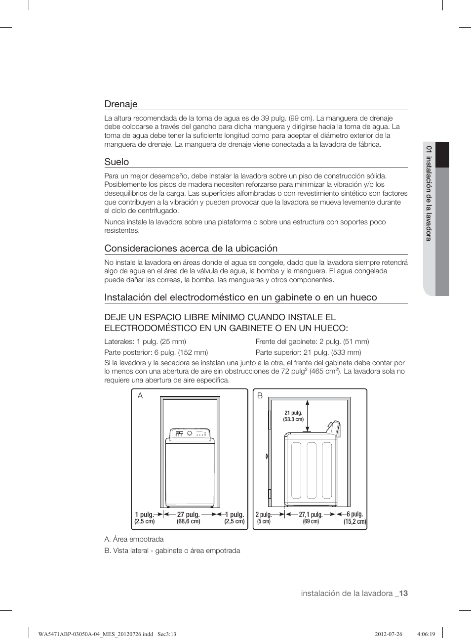 Drenaje, Suelo, Consideraciones acerca de la ubicación | Samsung WA5471ABW-XAA User Manual | Page 57 / 132