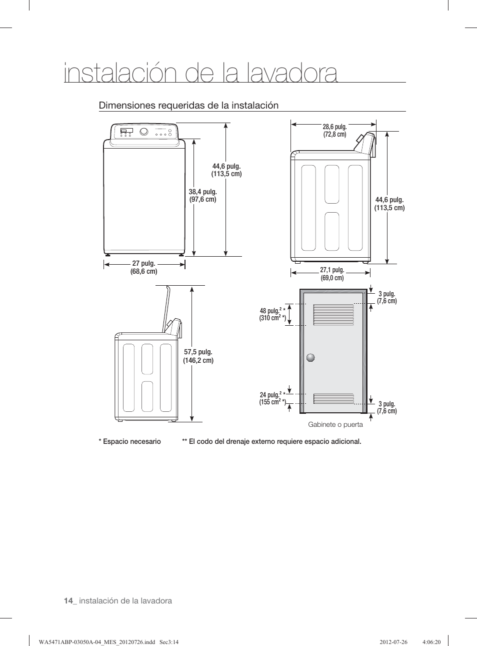 Instalación de la lavadora, Dimensiones requeridas de la instalación | Samsung WA5471ABW-XAA User Manual | Page 58 / 132