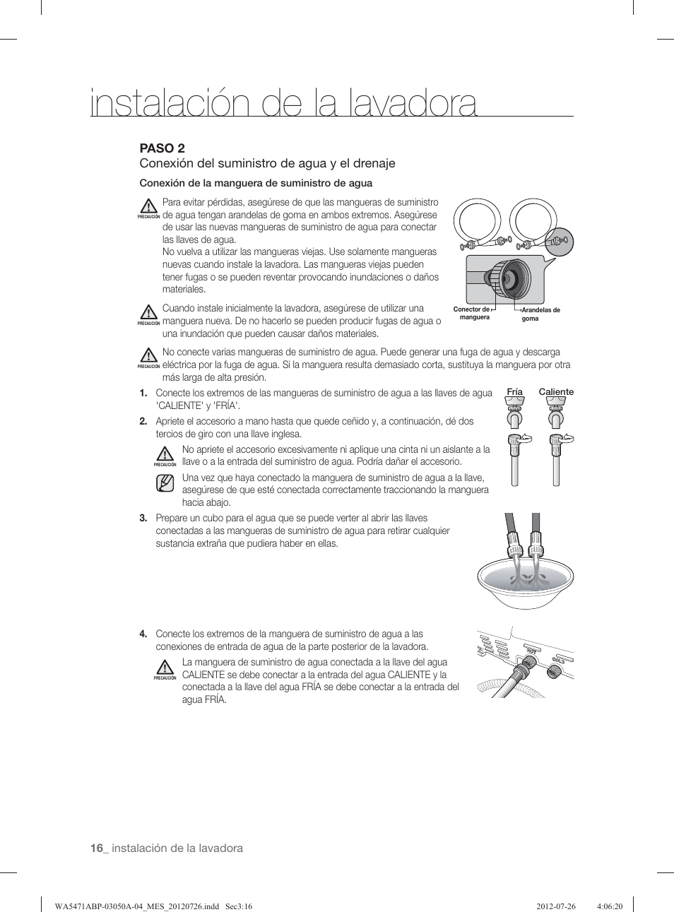 Instalación de la lavadora | Samsung WA5471ABW-XAA User Manual | Page 60 / 132