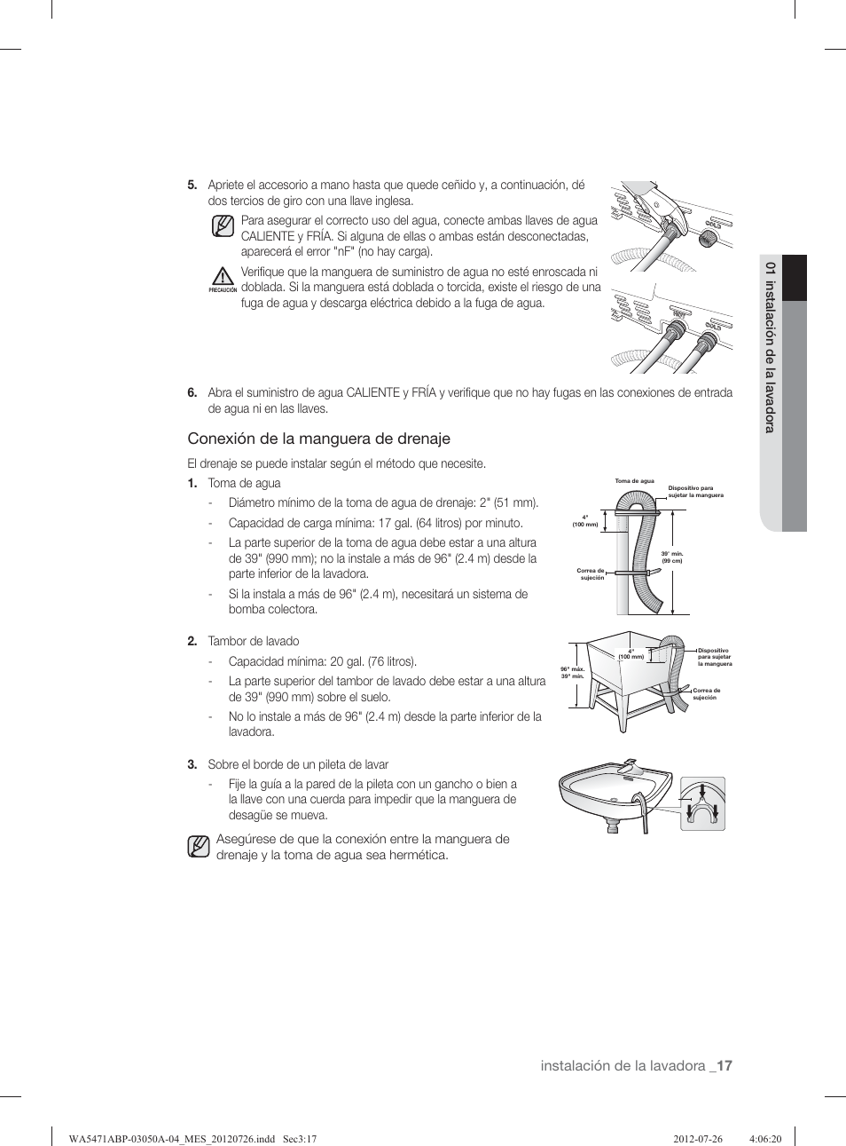 Conexión de la manguera de drenaje, Instalación de la lavadora | Samsung WA5471ABW-XAA User Manual | Page 61 / 132