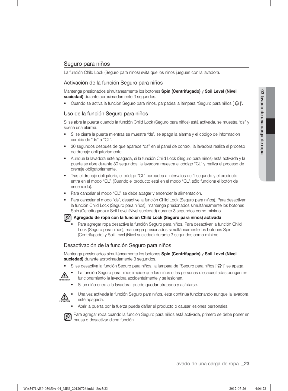 Seguro para niños | Samsung WA5471ABW-XAA User Manual | Page 67 / 132