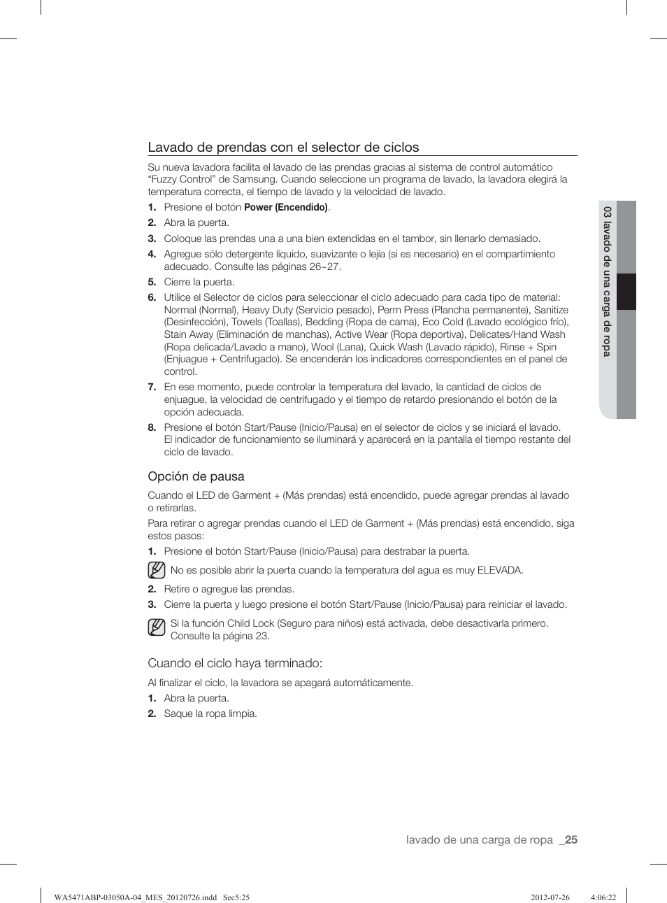 Lavado de prendas con el selector de ciclos | Samsung WA5471ABW-XAA User Manual | Page 69 / 132