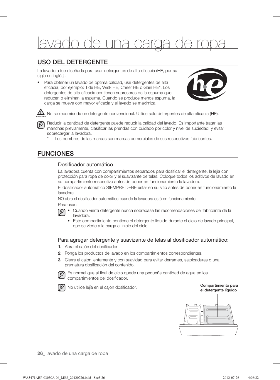 Lavado de una carga de ropa, Uso del detergente, Funciones | Samsung WA5471ABW-XAA User Manual | Page 70 / 132