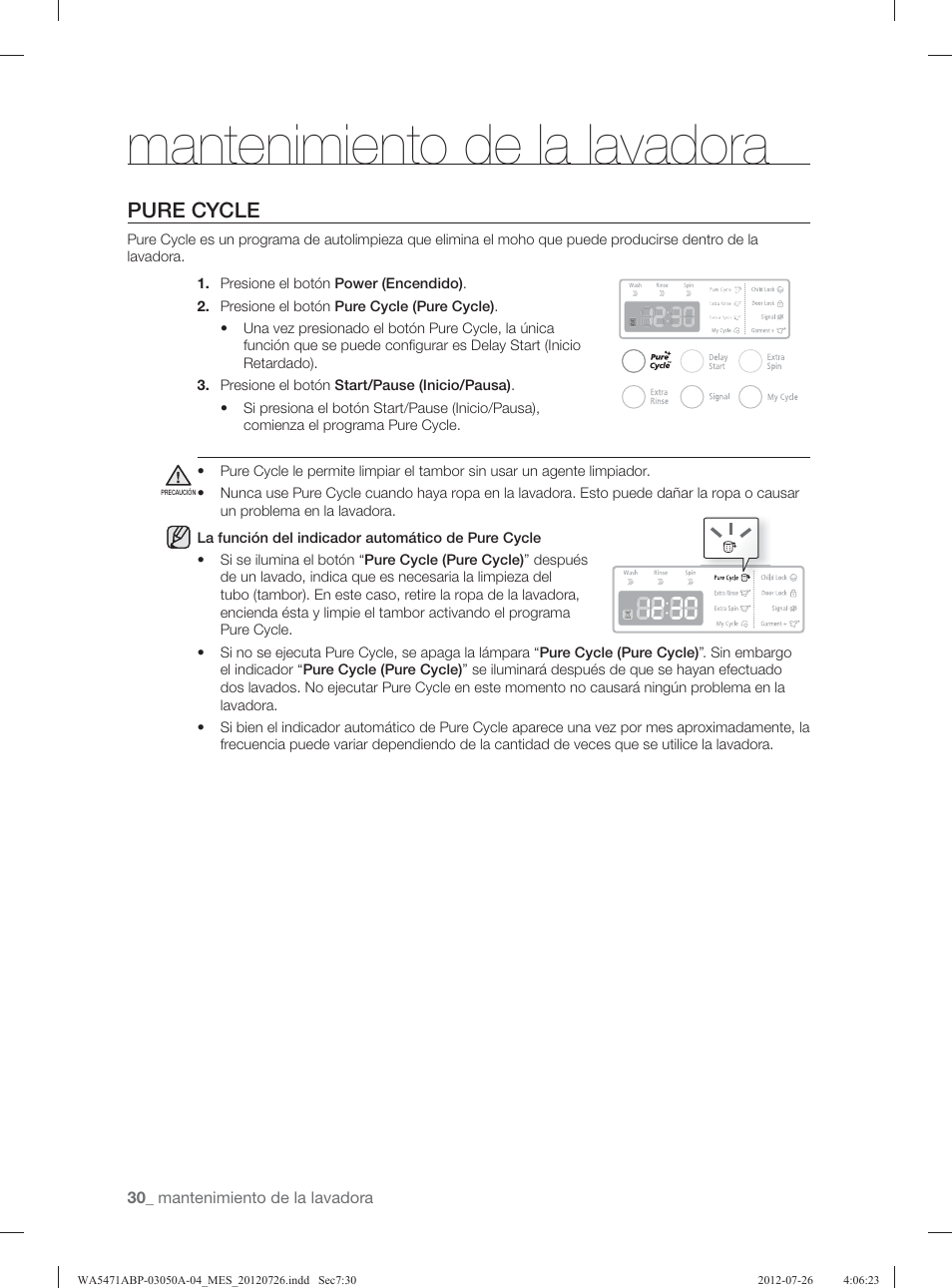 Mantenimiento de la lavadora, Pure cycle | Samsung WA5471ABW-XAA User Manual | Page 74 / 132