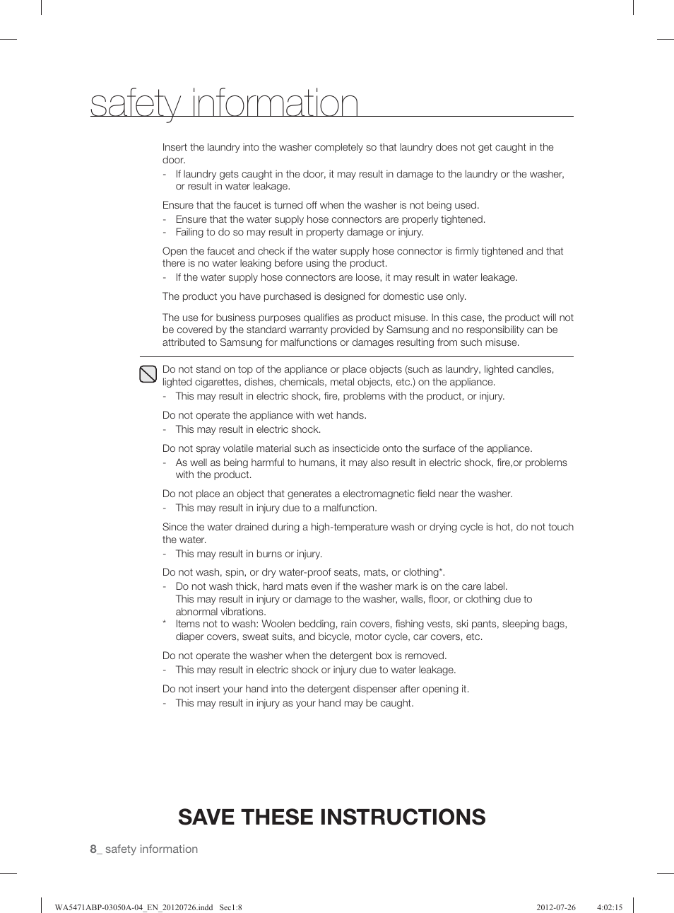 Safety information, Save these instructions | Samsung WA5471ABW-XAA User Manual | Page 8 / 132