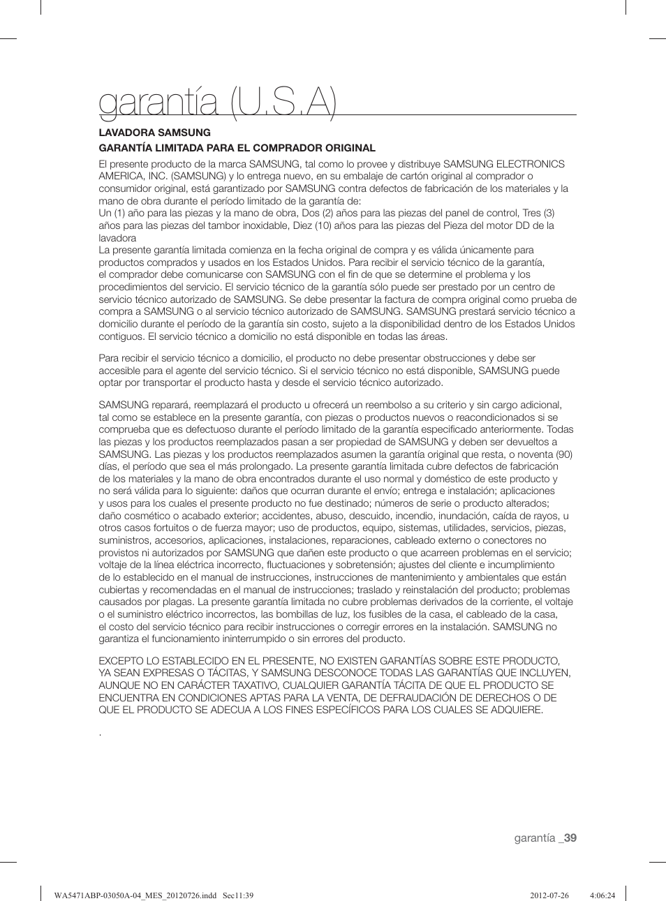 Garantía (u.s.a) | Samsung WA5471ABW-XAA User Manual | Page 83 / 132