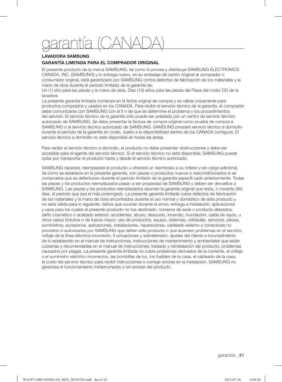 Garantía (canada) | Samsung WA5471ABW-XAA User Manual | Page 85 / 132