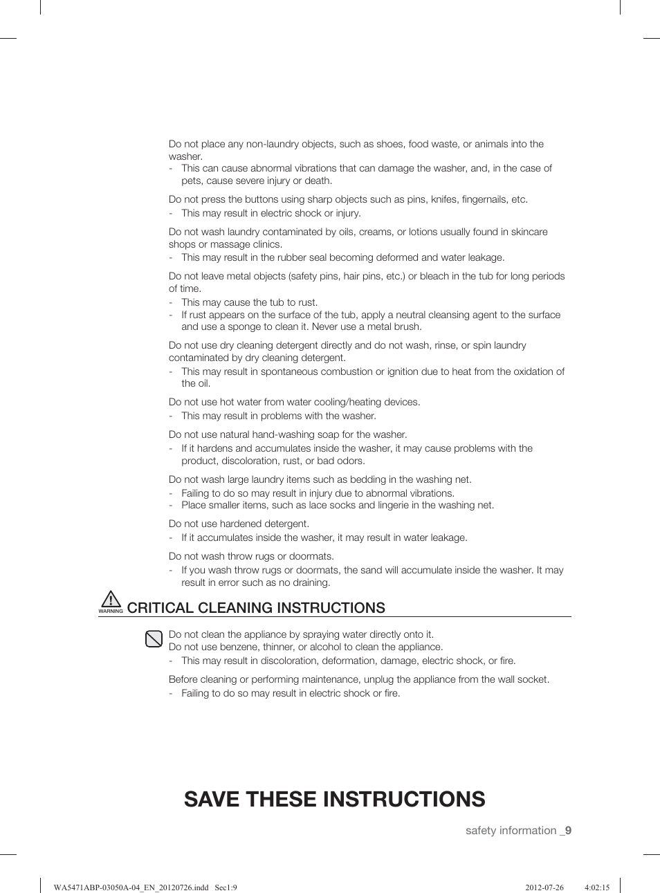 Save these instructions, Critical cleaning instructions | Samsung WA5471ABW-XAA User Manual | Page 9 / 132