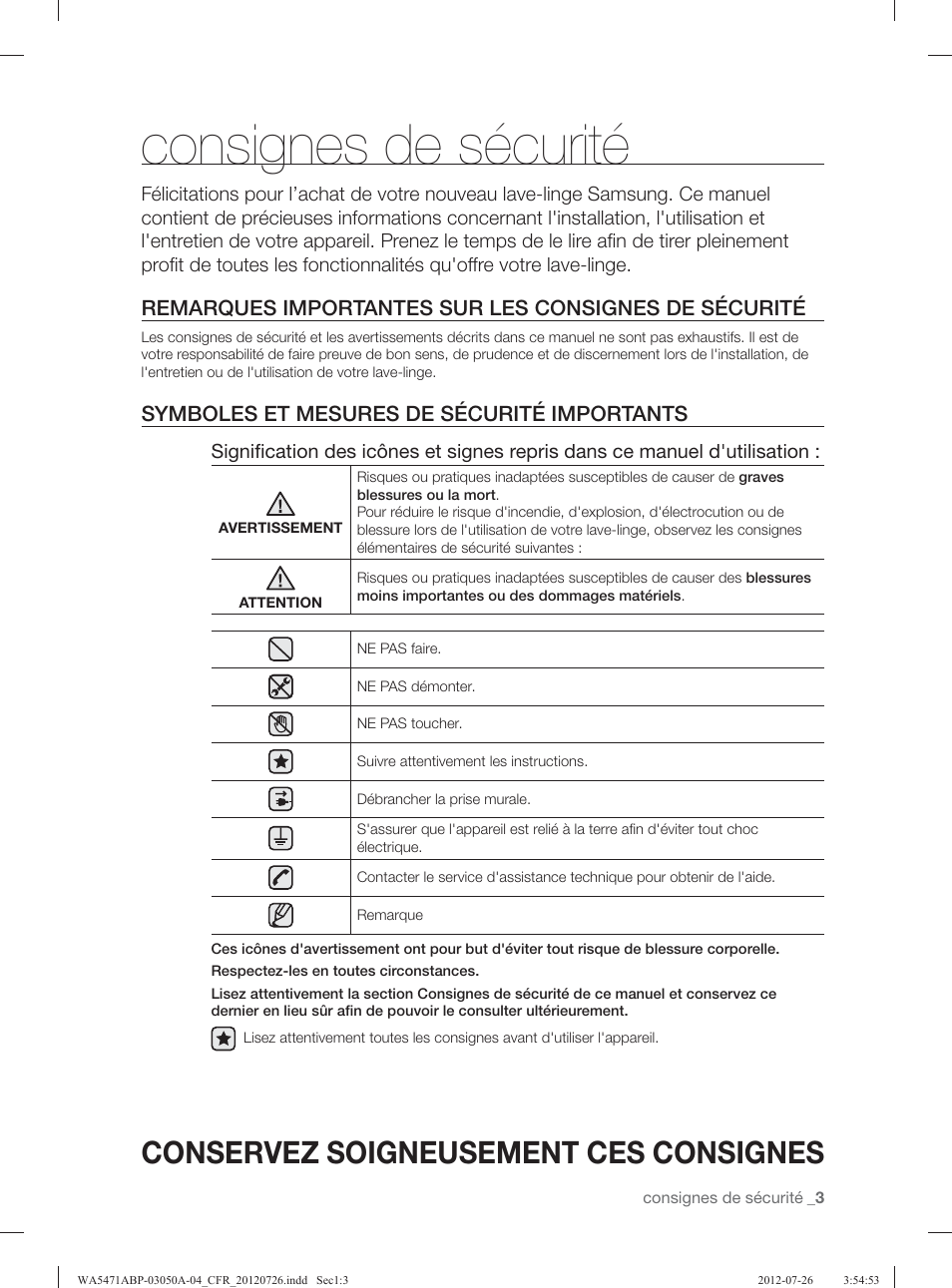 Consignes de sécurité, Conservez soigneusement ces consignes, Symboles et mesures de sécurité importants | Samsung WA5471ABW-XAA User Manual | Page 91 / 132