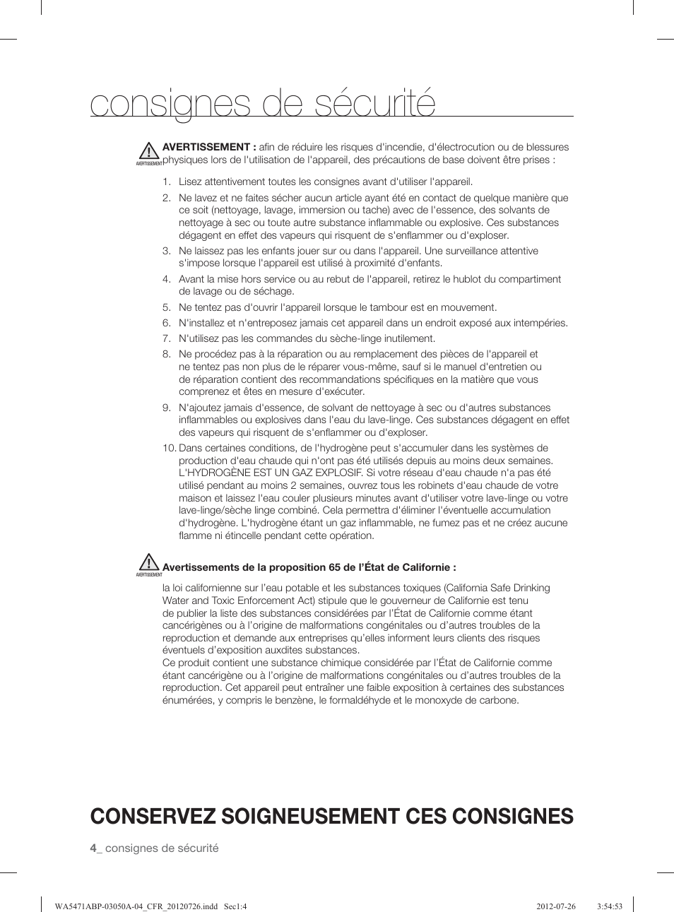 Consignes de sécurité, Conservez soigneusement ces consignes | Samsung WA5471ABW-XAA User Manual | Page 92 / 132