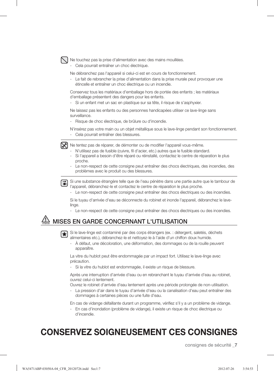 Conservez soigneusement ces consignes, Mises en garde concernant l'utilisation | Samsung WA5471ABW-XAA User Manual | Page 95 / 132