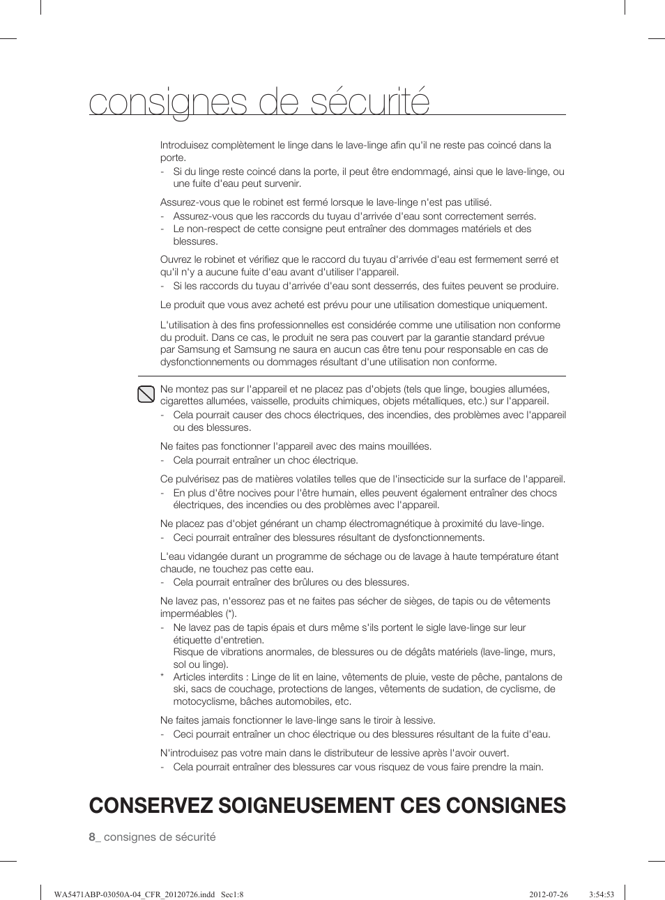 Consignes de sécurité, Conservez soigneusement ces consignes | Samsung WA5471ABW-XAA User Manual | Page 96 / 132