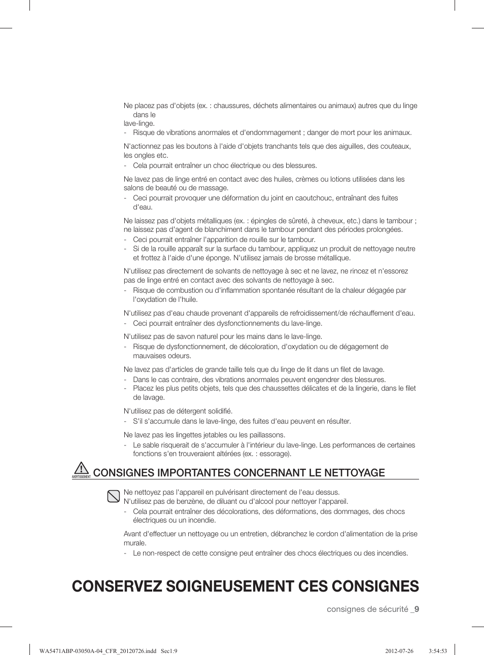 Conservez soigneusement ces consignes, Consignes importantes concernant le nettoyage | Samsung WA5471ABW-XAA User Manual | Page 97 / 132