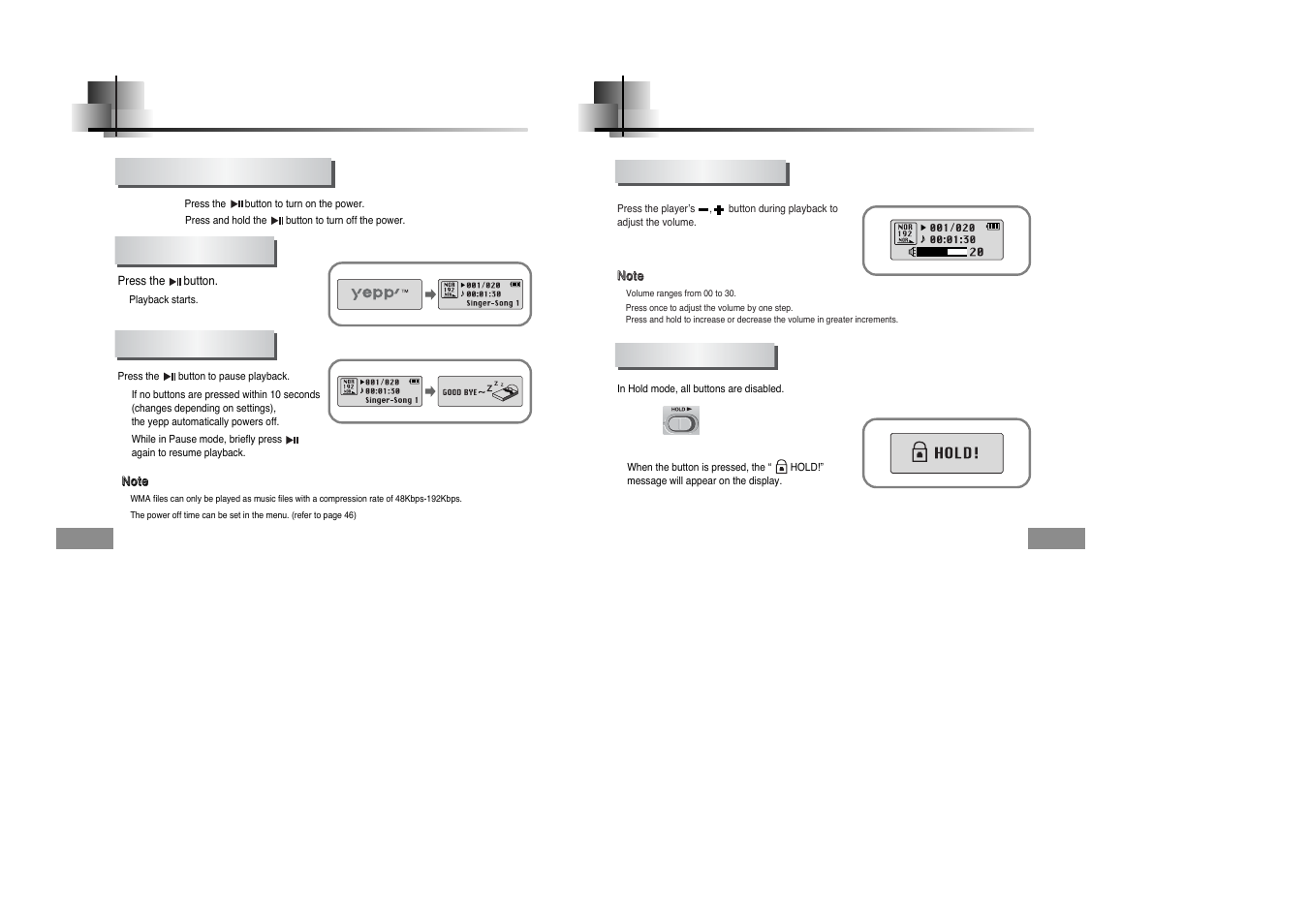 Basic usage, Playing music and turning off the device, Adjusting the volume/hold function | Adjusting the volume hold function | Samsung YPT5V-XAC User Manual | Page 14 / 29